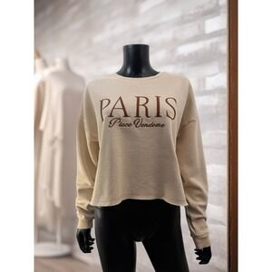 Francesca's Paris Place Vendôme Embroidered Cropped Sweatshirt Beige‎ M